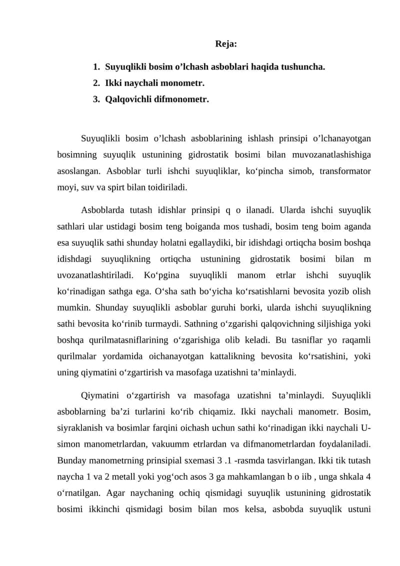 Suyuqlikli bosim o’lchash asboblar