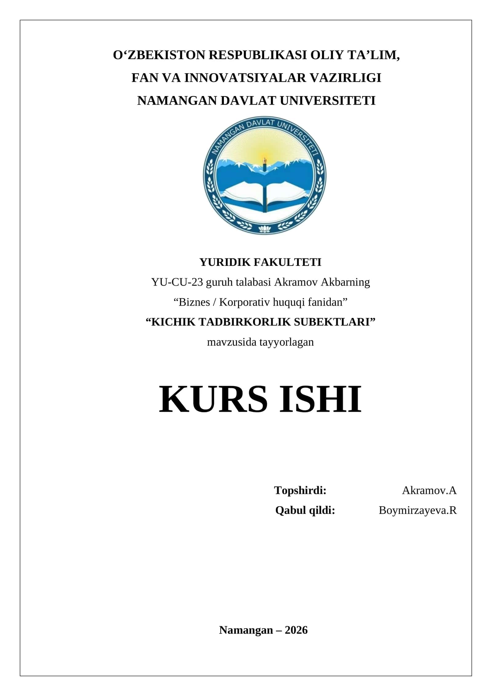 KICHIK TADBIRKORLIK SUBYEKTLARI
