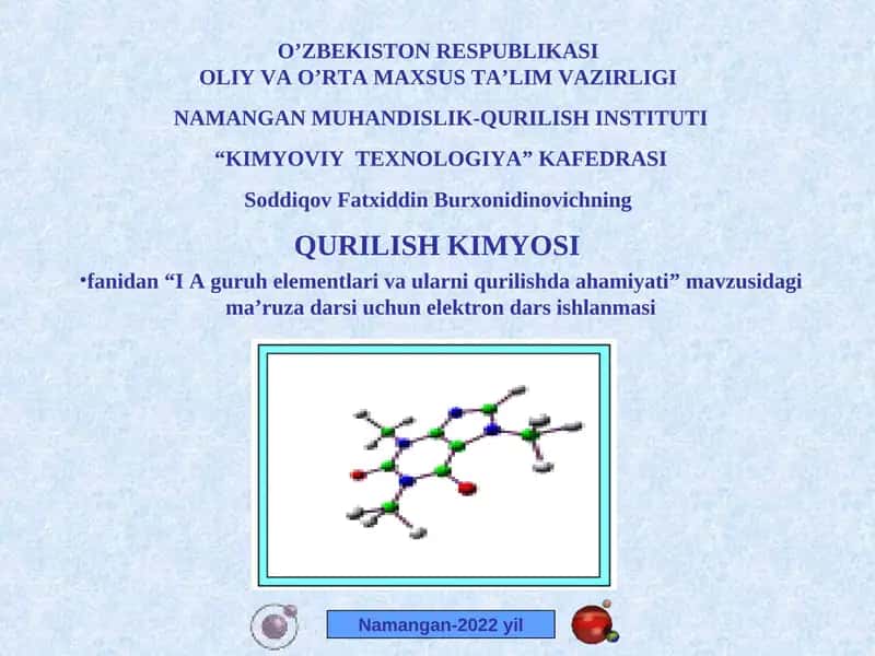 QURILISHKIMYOSI fanidan “I A guruh elementlari va ularni qurilishda ahamiyati” mavzusidagi ma’ruza