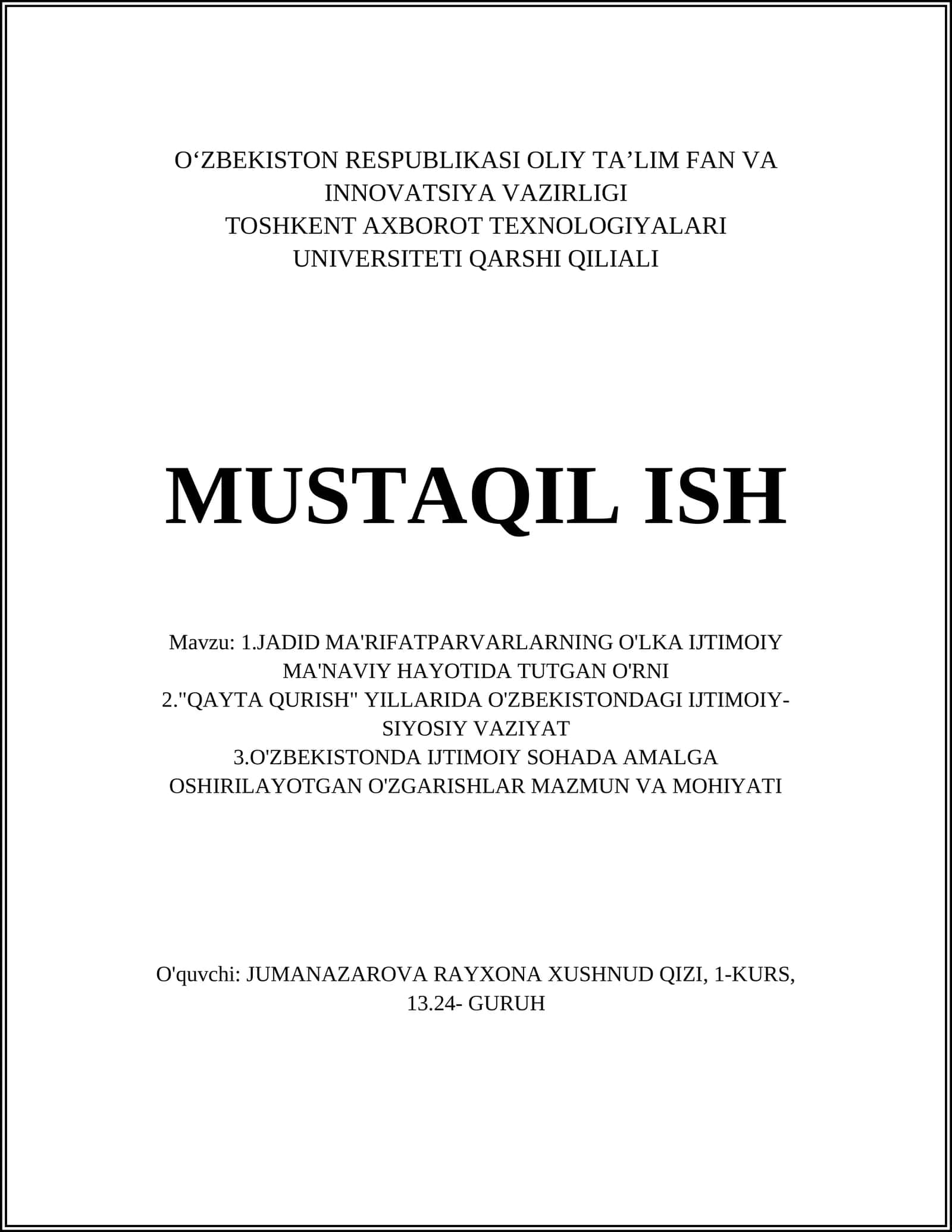JADID MA'RIFATPARVARLARNING O'LKA IJTIMOIY MA'NAVIY HAYOTIDA TUTGAN O'RNI