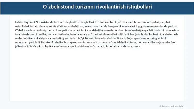 O`zbekistond turizmni rivojlantirish istiqbollari