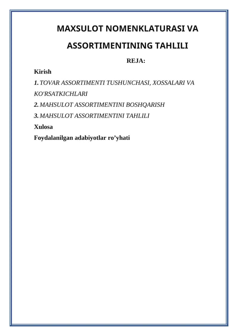 MAXSULOT NOMENKLATURASI VA ASSORTIMENTINING TAHLILI