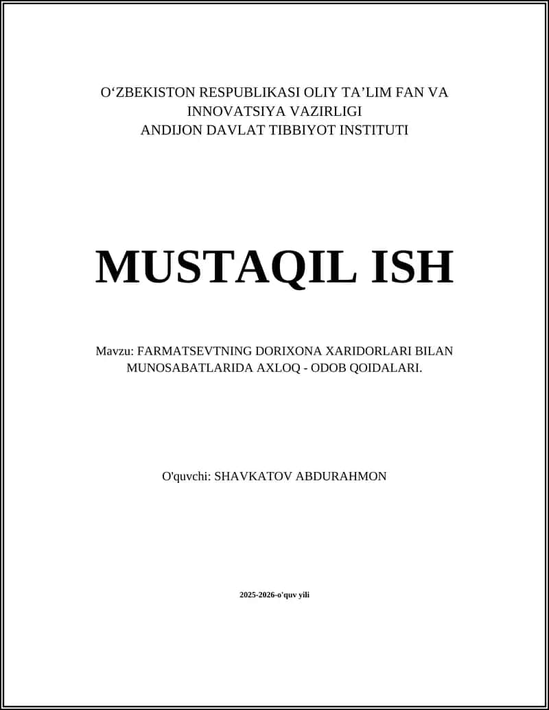 FARMATSEVTNING DORIXONA XARIDORLARI BILAN MUNOSABATLARIDA AXLOQ - ODOB QOIDALARI