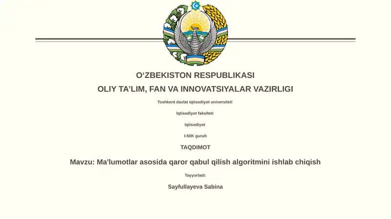 Ma'lumotlar asosida qaror qabul qilish algoritmini ishlab chiqish