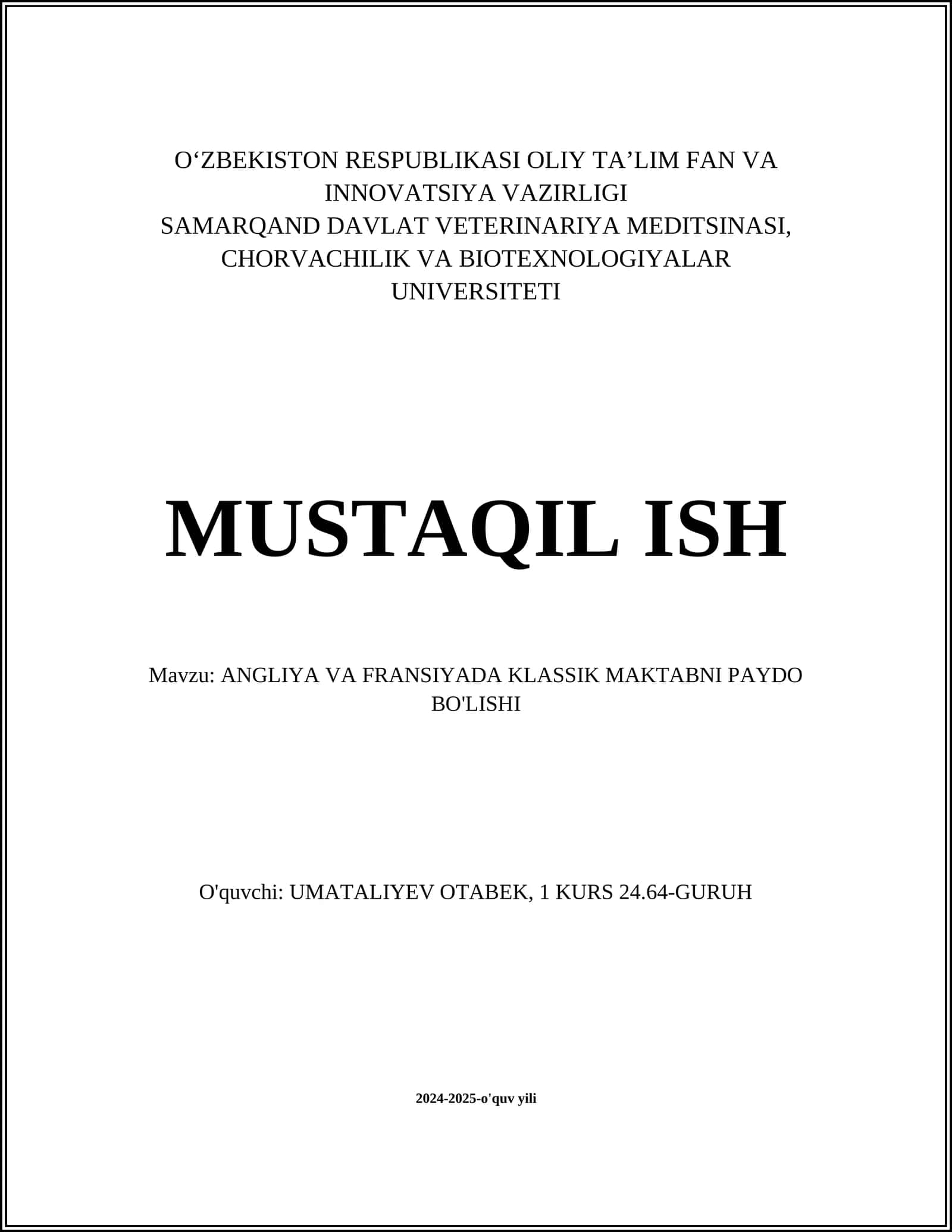 ANGLIYA VA FRANSIYADA KLASSIK MAKTABNI PAYDO BO'LISHI
