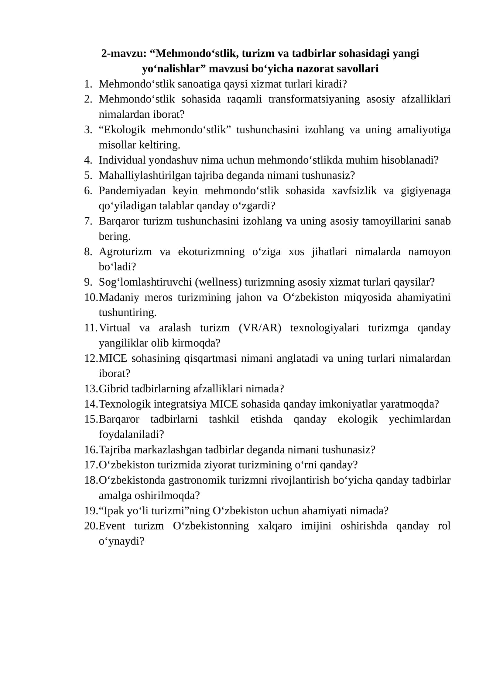 “Mehmondo‘stlik, turizm va tadbirlar sohasidagi yangi yo‘nalishlar”