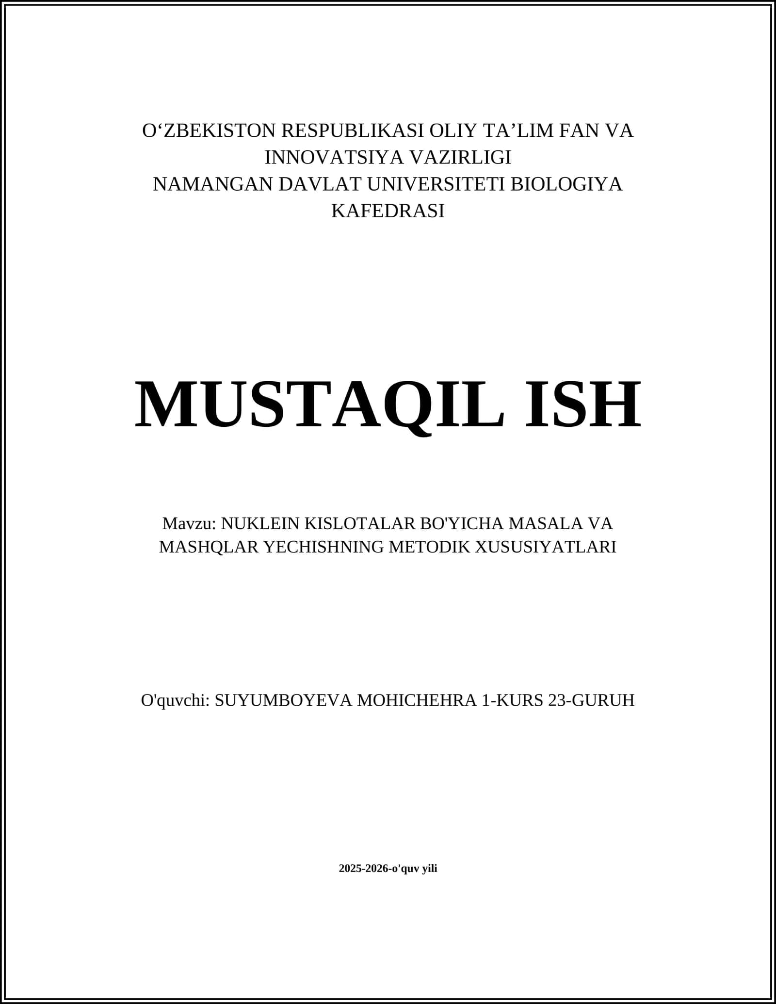 Nuklein kislotalar bo'yicha masala va mashqlar yechishning metodik xususiyatlari