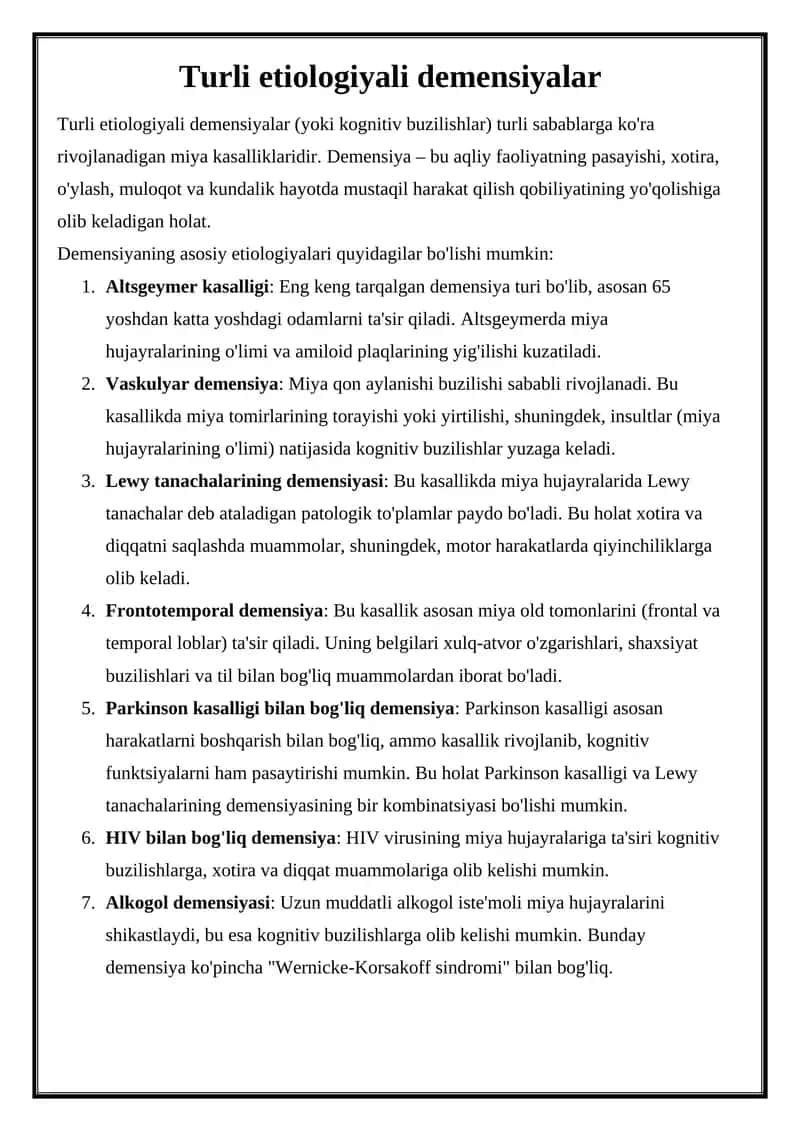 Turli etiologiyali demensiyalar