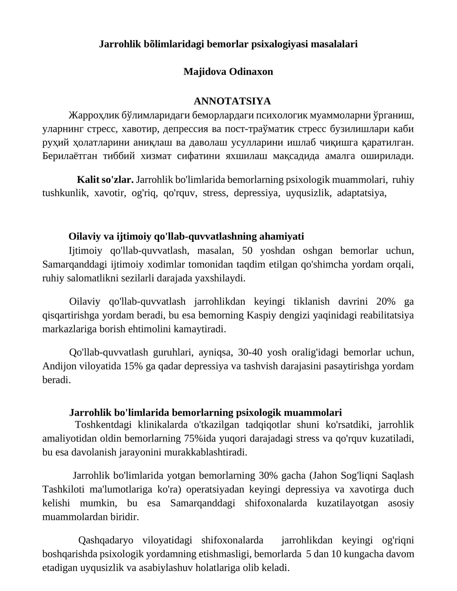Jarrohlik bõlimlaridagi bemorlar psixalogiyasi masalalari