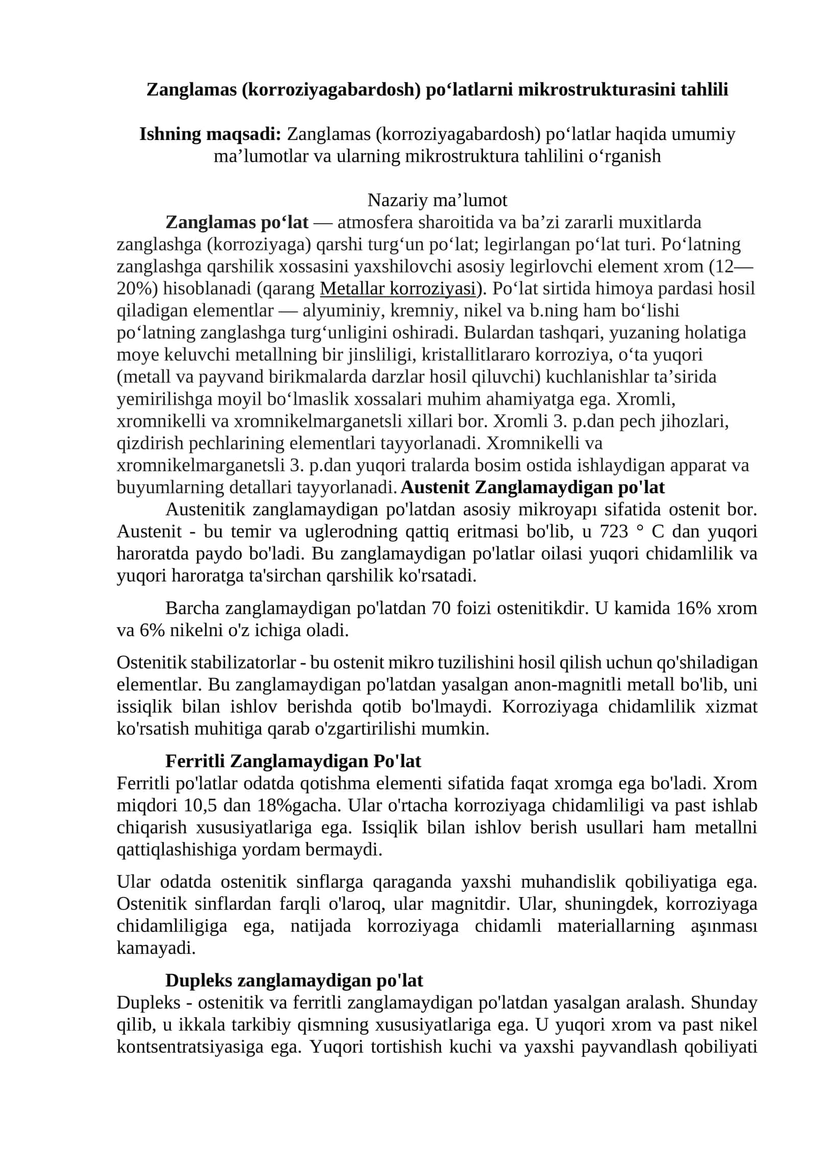 Zanglamas (korroziyagabardosh) po‘latlarni mikrostrukturasini tahlili