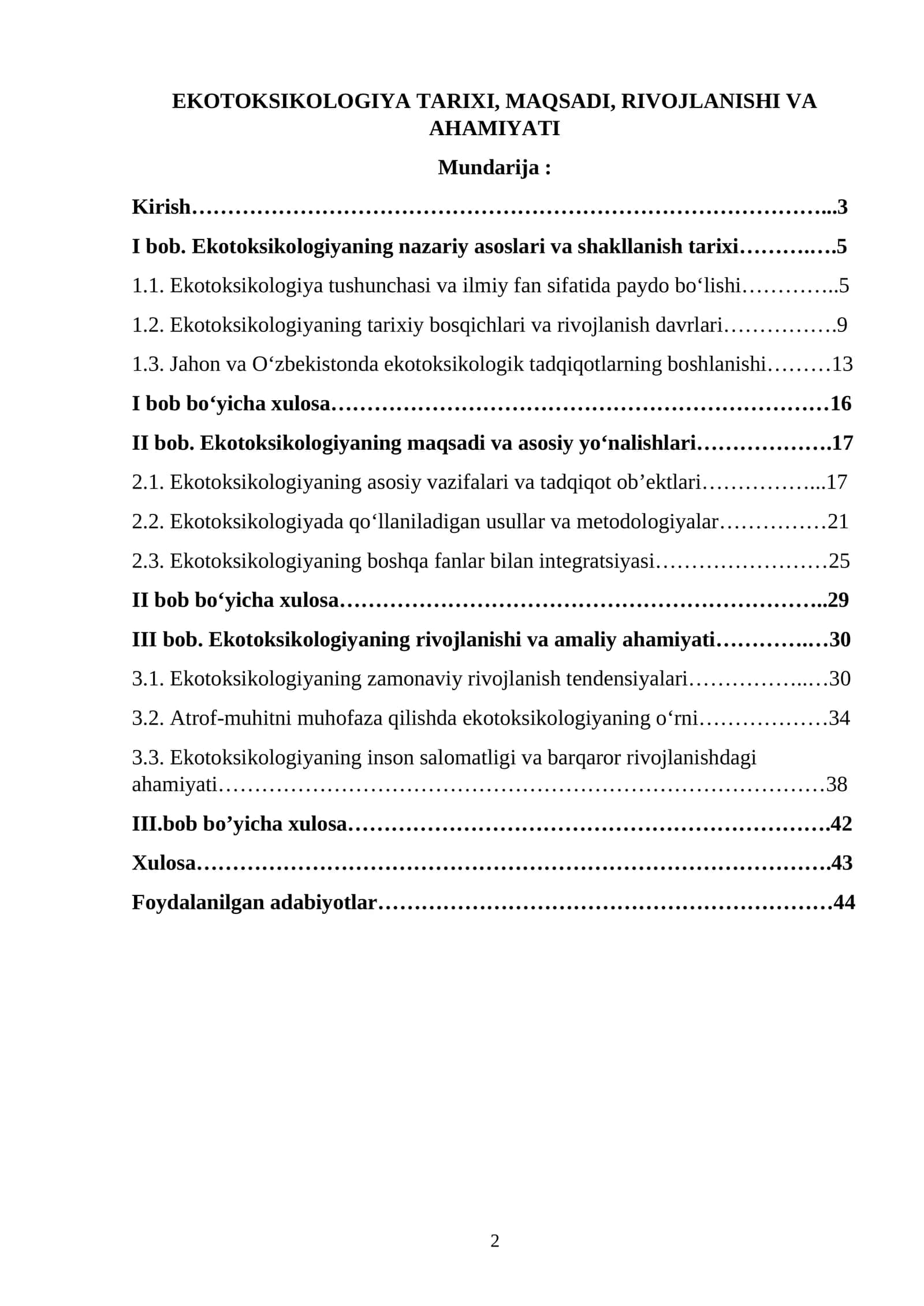 EKOTOKSIKOLOGIYA TARIXI, MAQSADI, RIVOJLANISHI VA AHAMIYATI