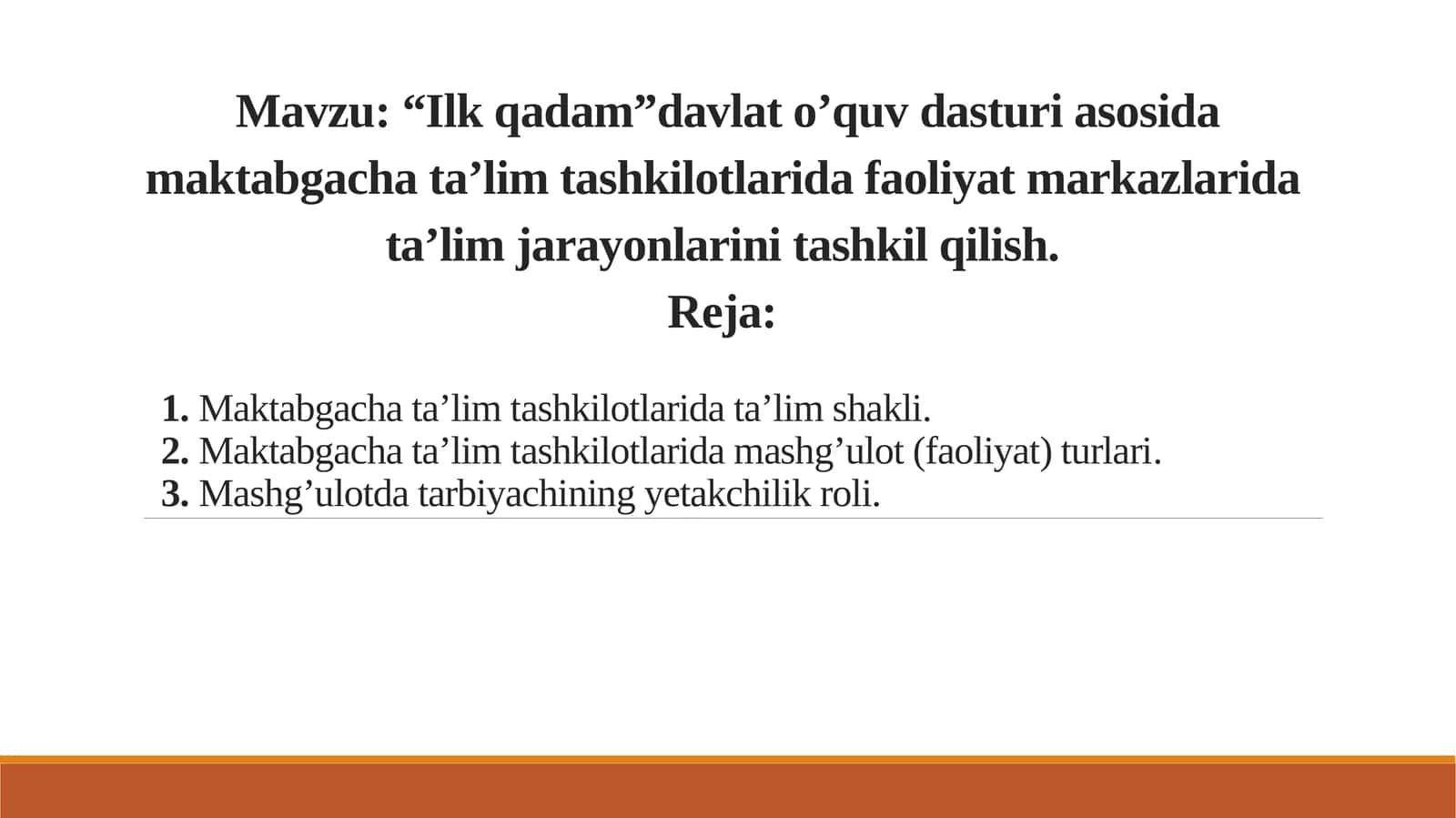 “Ilk qadam”davlat o’quv dasturi asosida maktabgacha ta’lim tashkilotlarida faoliyat markazlarida ta’lim jarayonlarini tashkil qilish