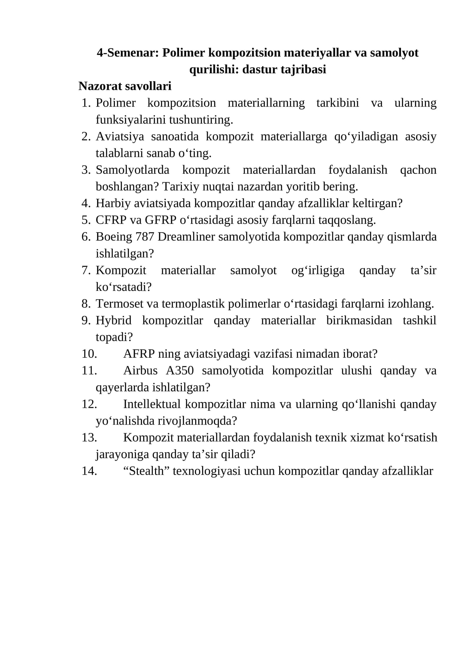 Polimer kompozitsion materiyallar va samolyot qurilishi: dastur tajribasi