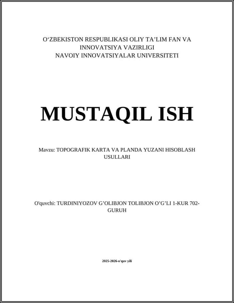 TOPOGRAFIK KARTA VA PLANDA YUZANI HISOBLASH USULLARI