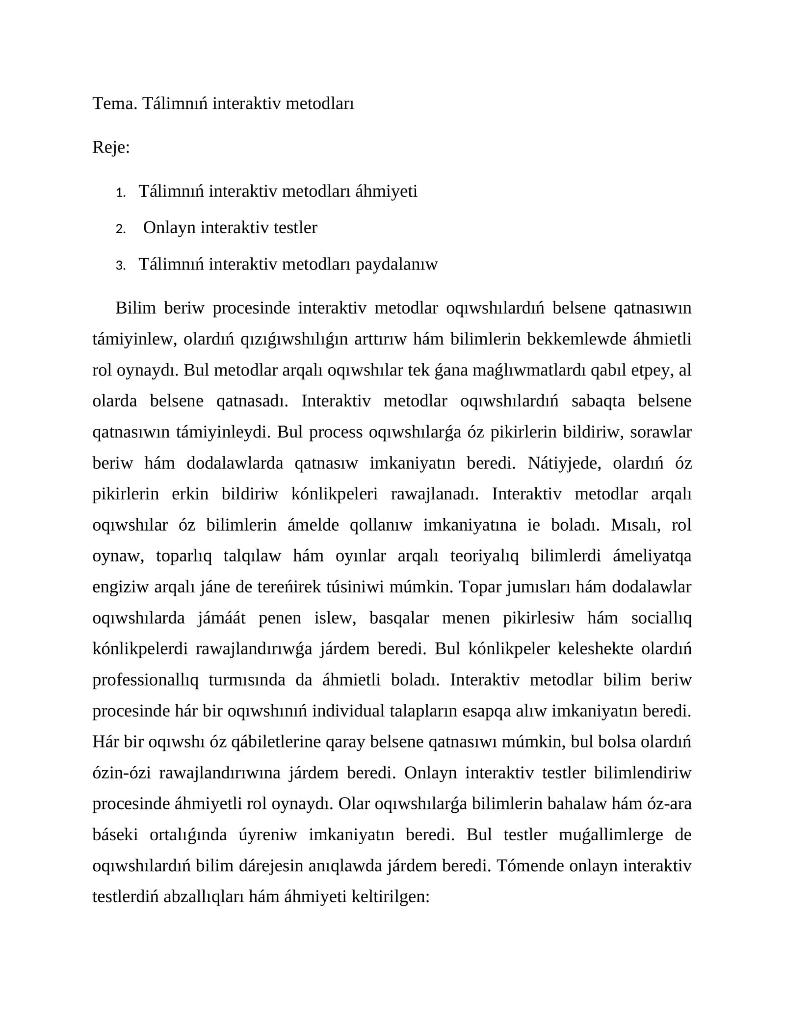 Tálimnıń interaktiv metodları