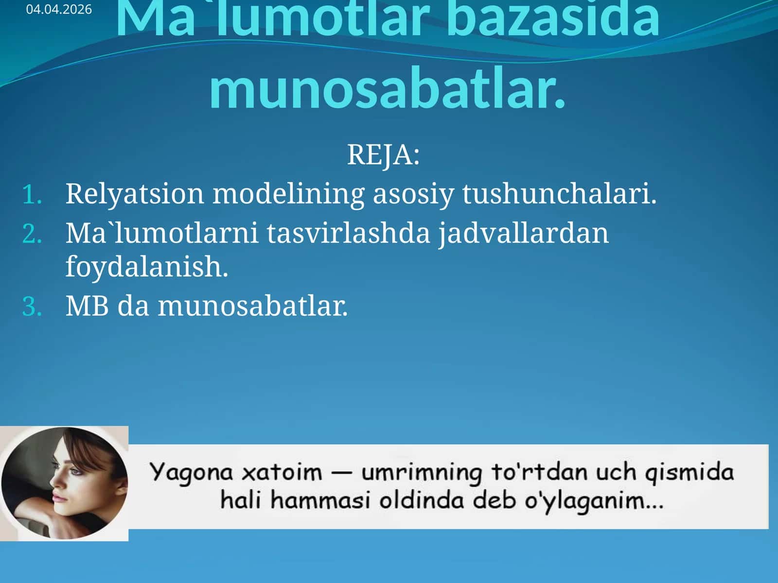 Relyatsion modelining asosiy tushunchalari