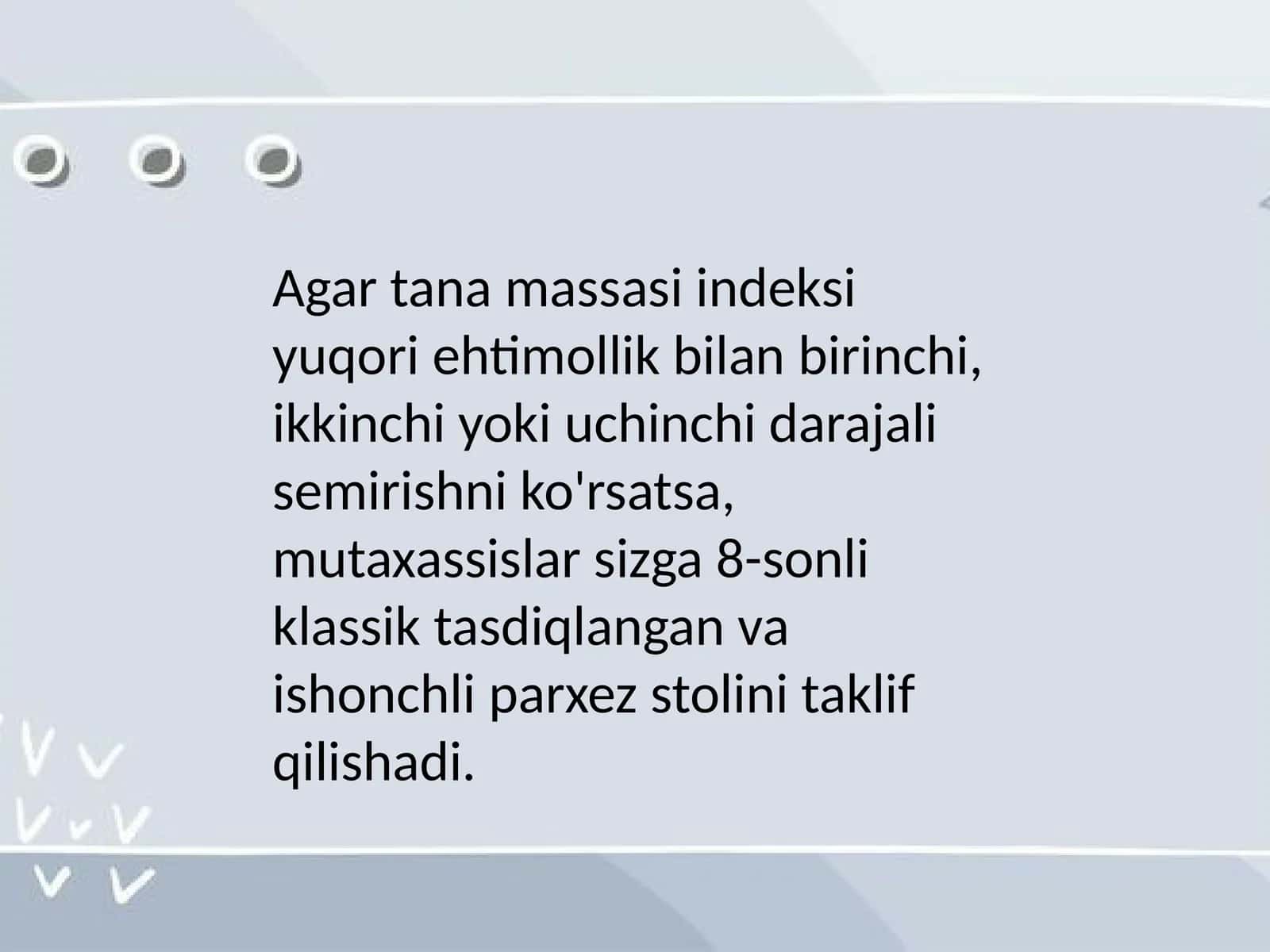 8-sonli klassik tasdiqlangan va ishonchli parxez stoli