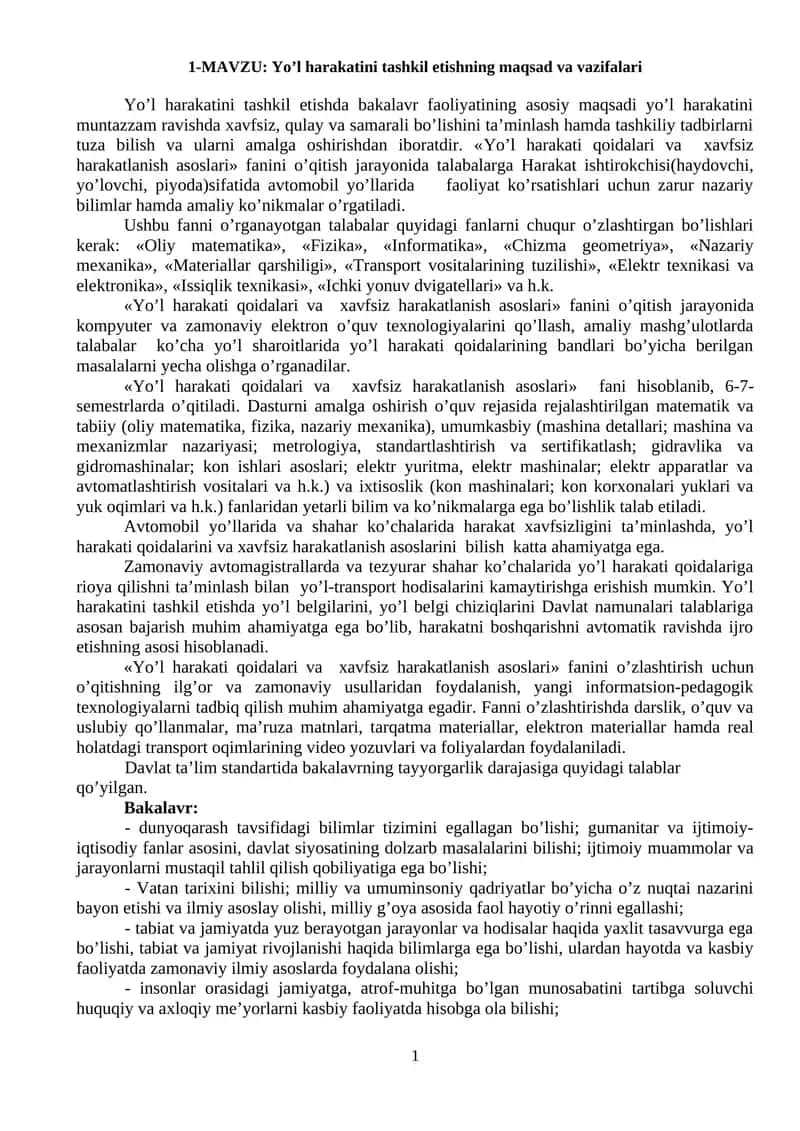 Yo’l harakatini tashkil etishning maqsad va vazifalari