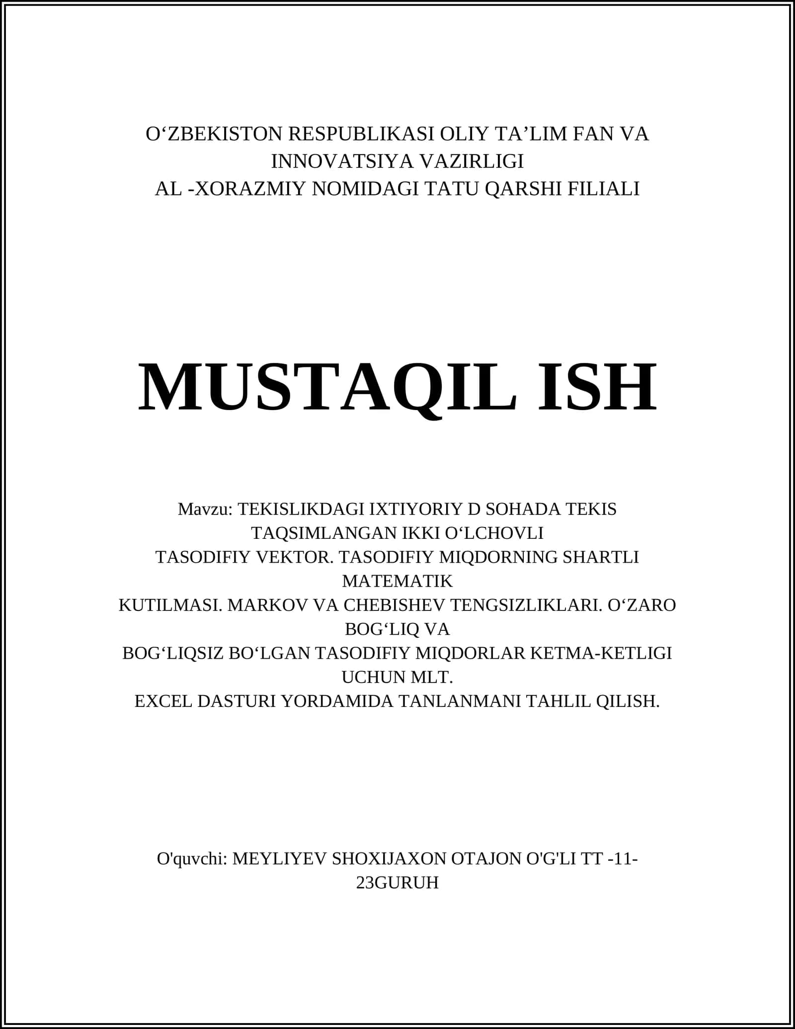 Tekis taqsimlangan ikki o‘lchovli tasodifiy vektor