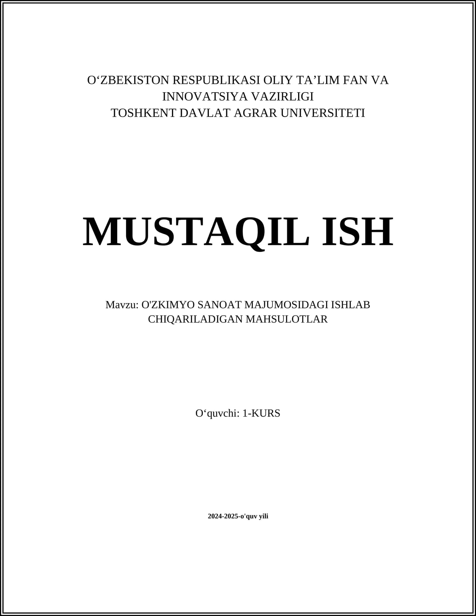 O'ZKIMYO SANOAT MAJUMOSIDAGI ISHLAB CHIQARILADIGAN MAHSULOTLAR