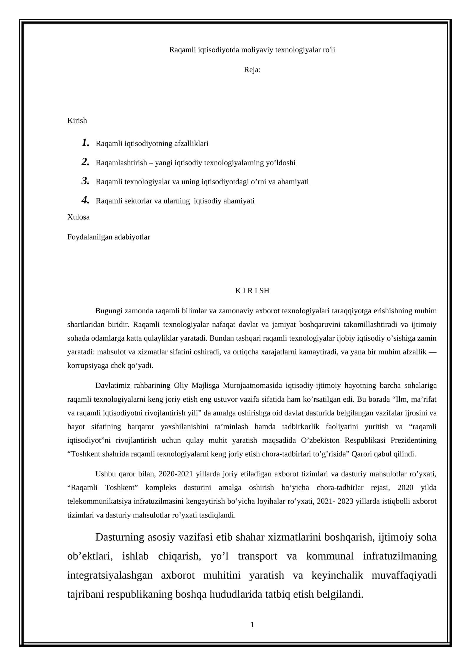 Raqamli iqtisodiyotda moliyaviy texnologiyalar ro'li