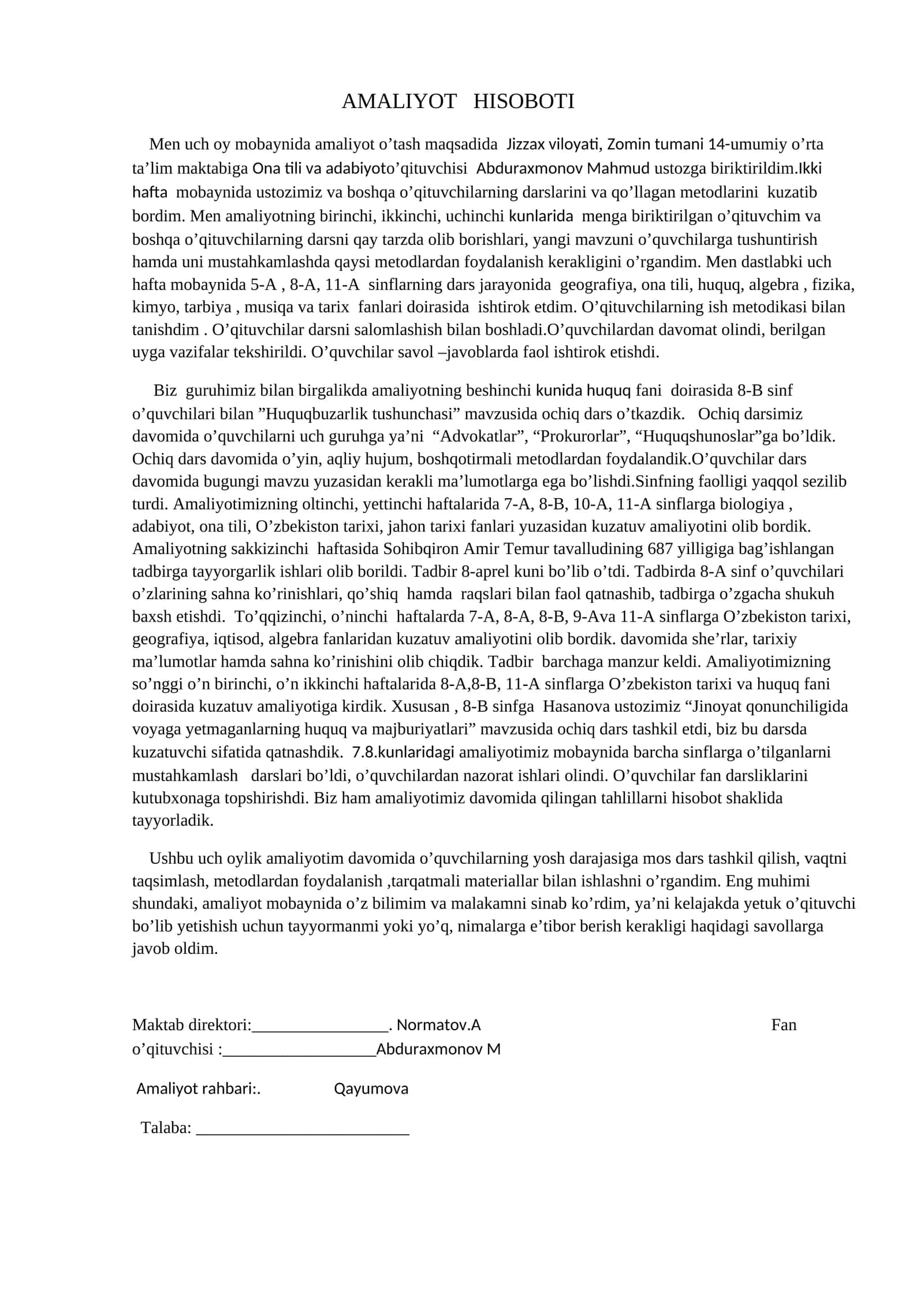 Pedagogik amaliyot bo'yicha hisobot
