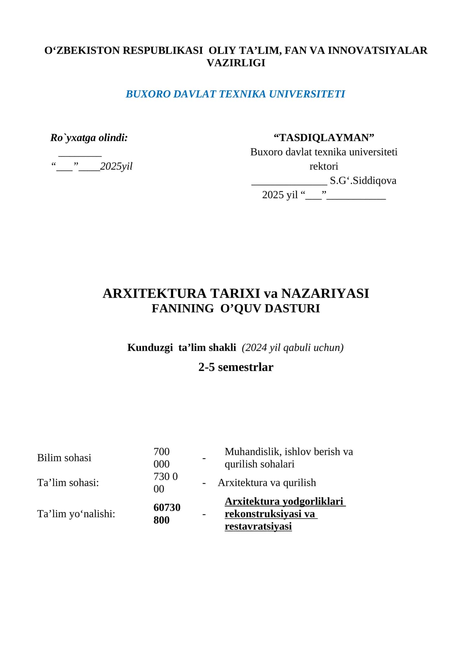 ARXITEKTURA TARIXI va NAZARIYASI FANINING O’QUV DASTURI