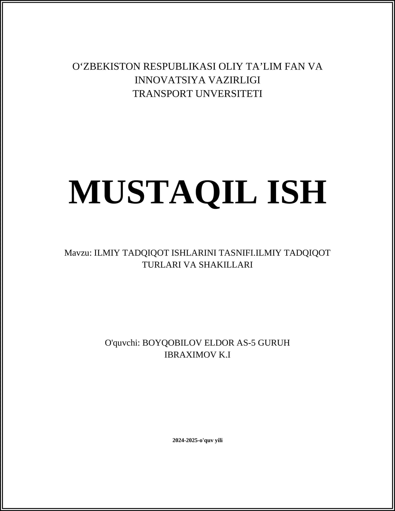 ILMIY TADQIQOT ISHLARINI TASNIFI