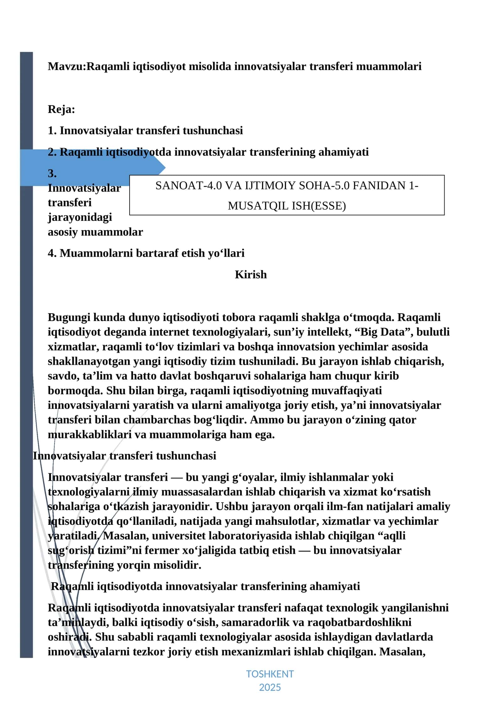 Raqamli iqtisodiyot misolida innovatsiyalar transferi muammolari