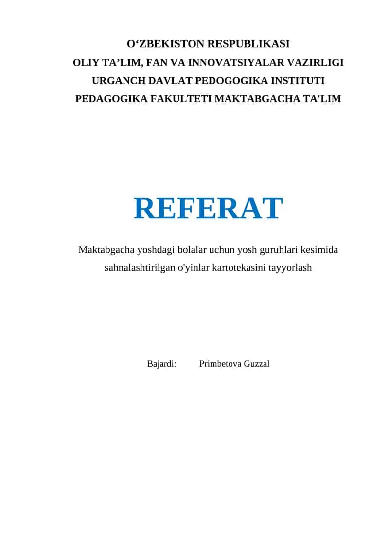 Maktabgacha yoshdagi bolalar uchun yosh guruhlari kesimida sahnalashtirilgan o'yinlar kartotekasini tayyorlash