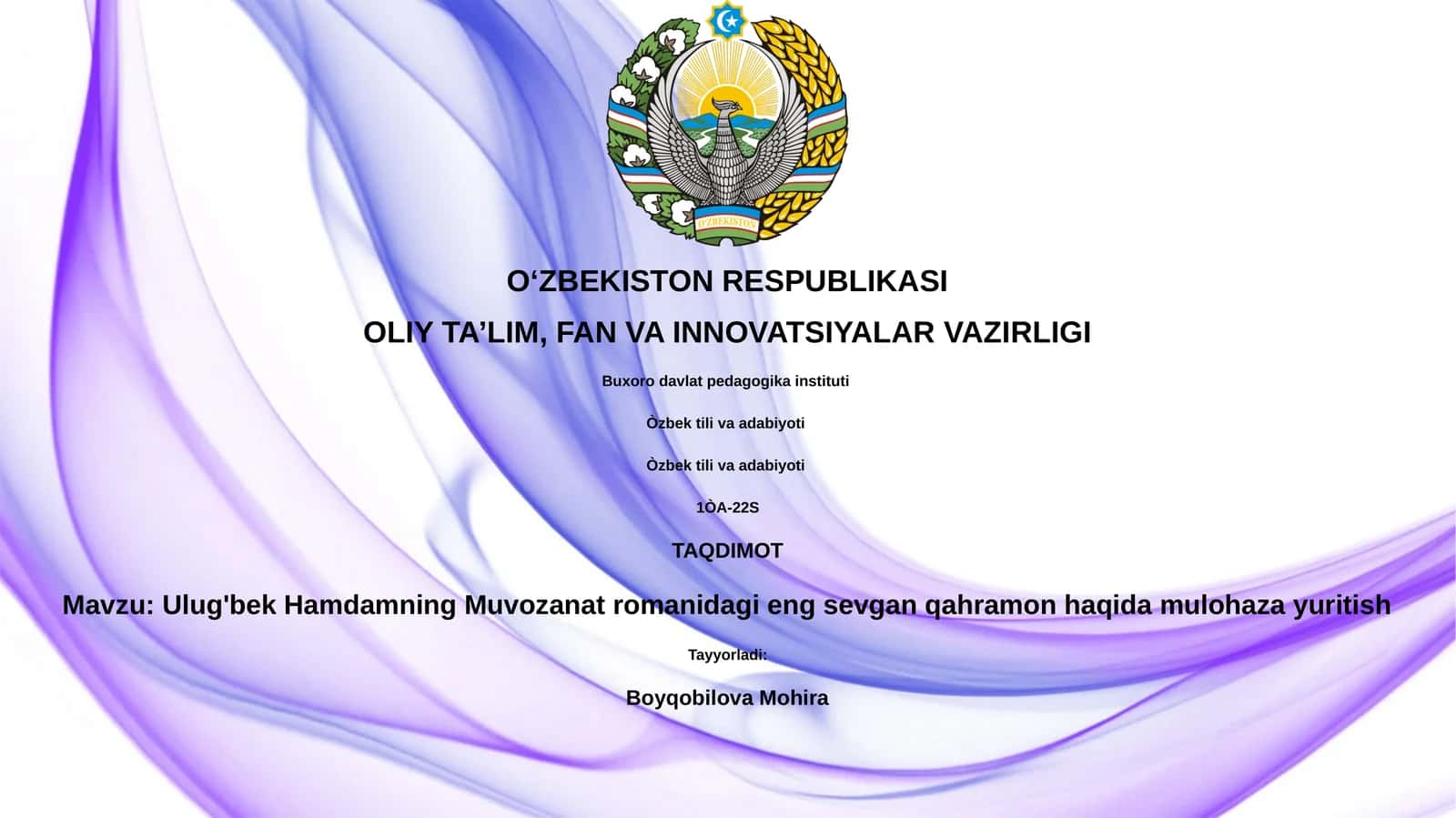 Ulug'bek Hamdamning Muvozanat romanidagi eng sevgan qahramon haqida mulohaza yuritish