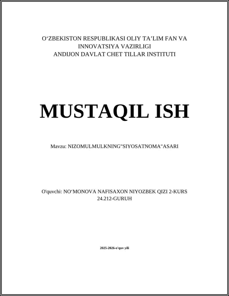 NIZOMULMULKNING"SIYOSATNOMA"ASARI