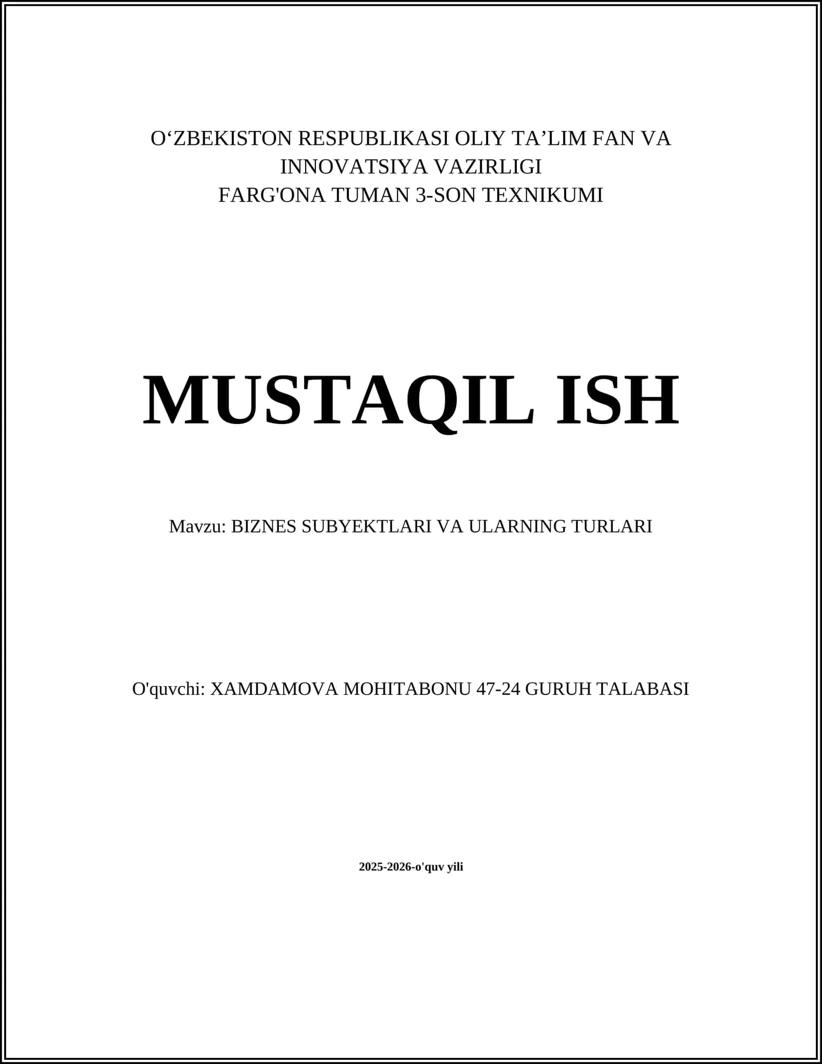 Biznes Subyektlari va Ularning Turlari