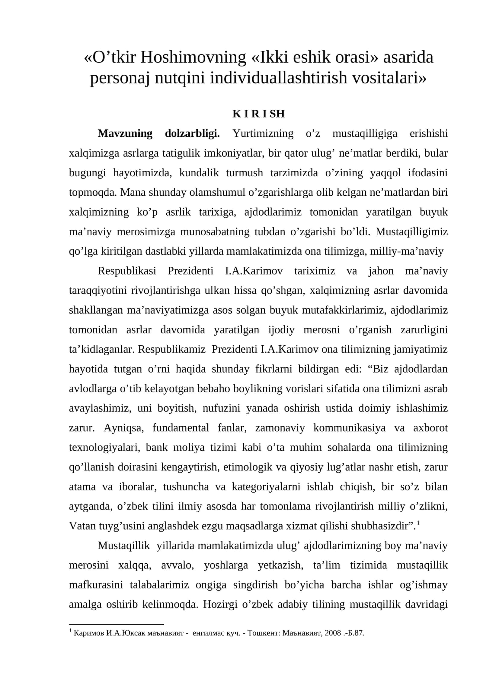 O’tkir Hoshimovning «Ikki eshik orasi» asarida personaj nutqini individuallashtirish vositalari