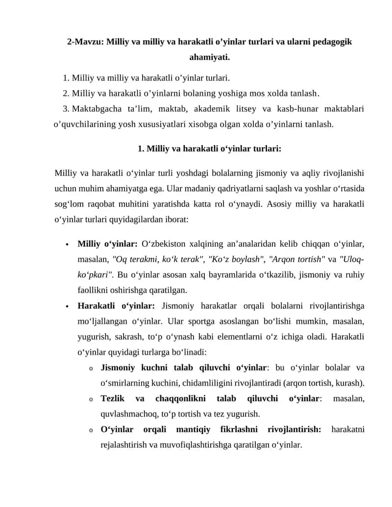 Milliy va harakatli o‘yinlar