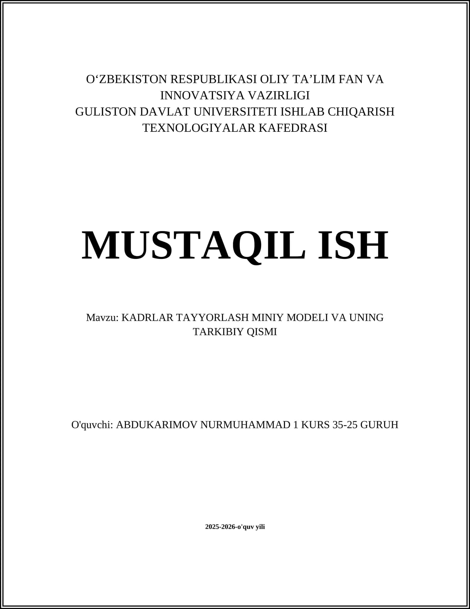 Kadrlar tayyorlash miniy modeli va uning tarkibiy qismi