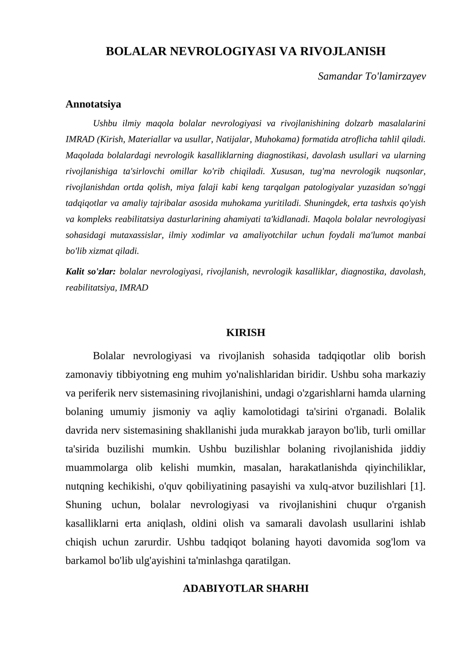 BOLALAR NEVROLOGIYASI VA RIVOJLANISH