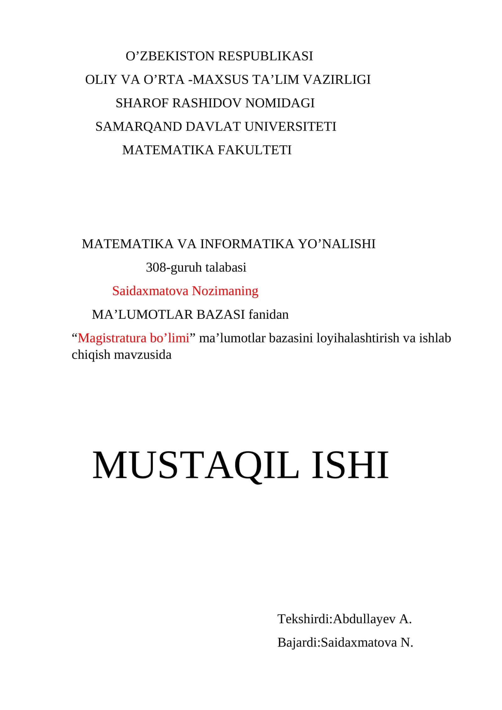 “MAGISTRATURA BO’LIMI” ma’lumotlar bazasini loyihalashtirish va ishlab chiqish