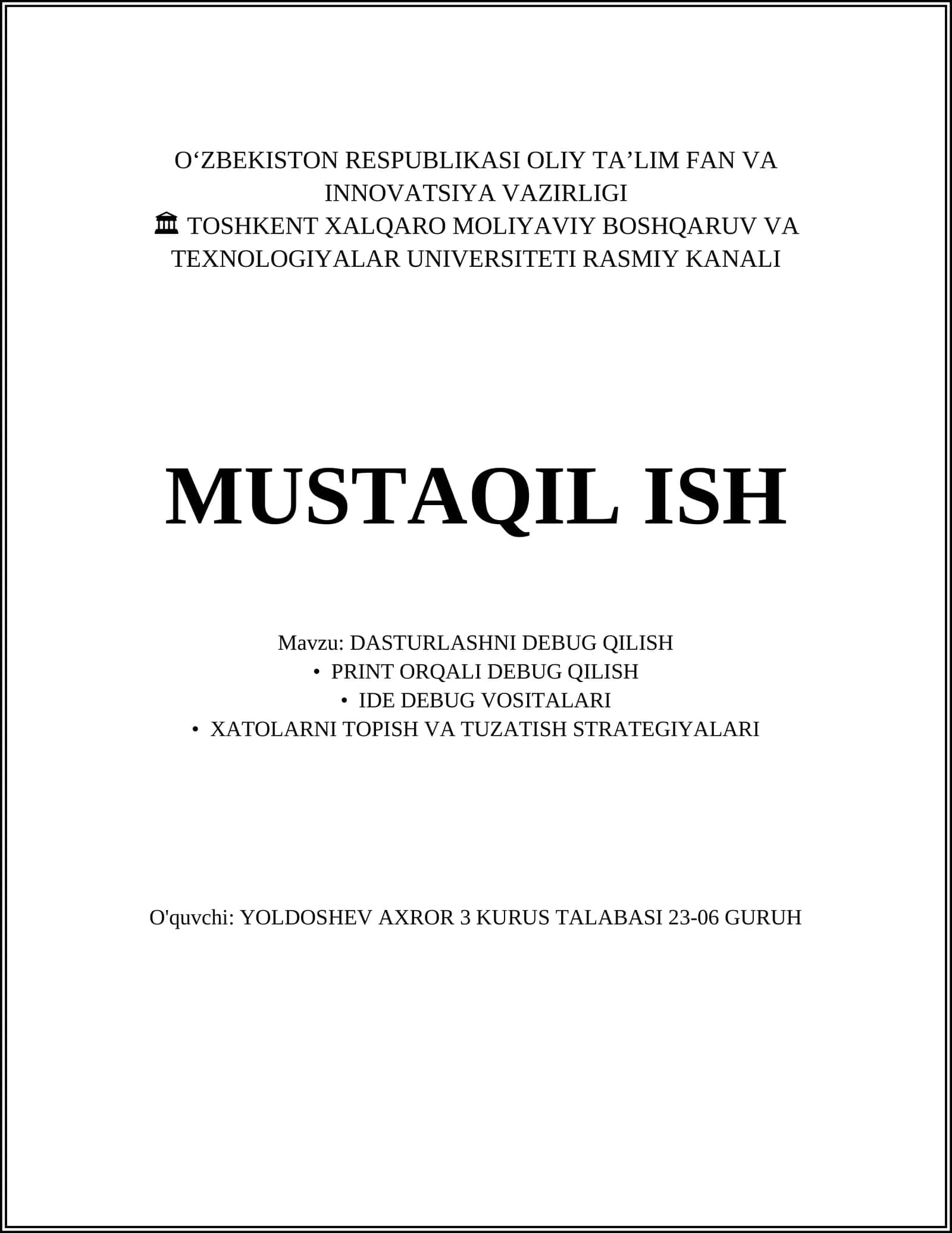 DASTURLASHNI DEBUG QILISH