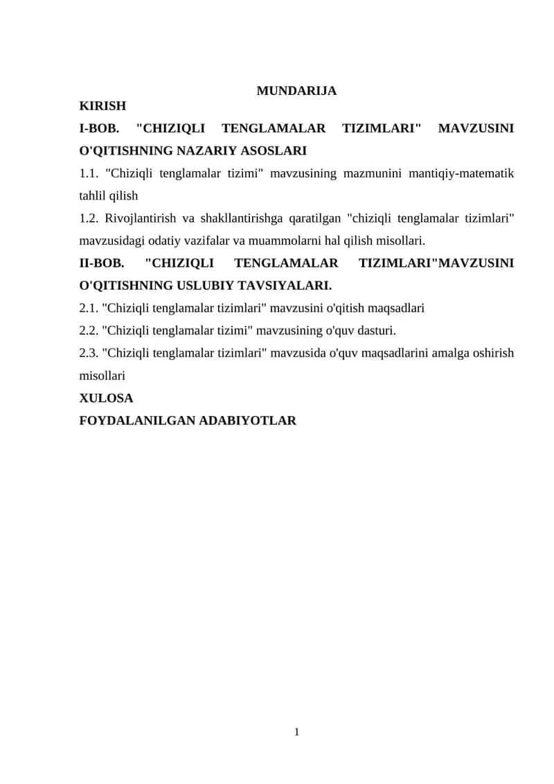 "CHIZIQLI TENGLAMALAR TIZIMLARI" MAVZUSINI O'QITISHNING NAZARIY ASOSLARI