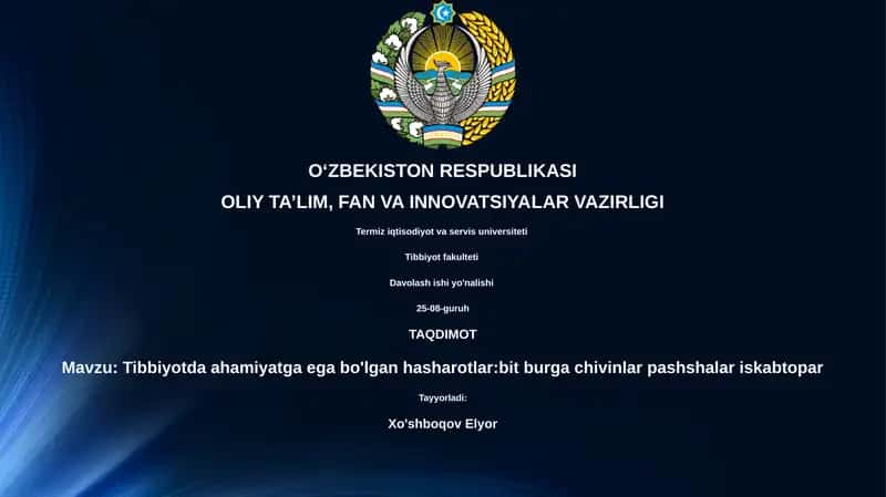 Tibbiyotda ahamiyatga ega bo'lgan hasharotlar:bit burga chivinlar pashshalar iskabtopar
