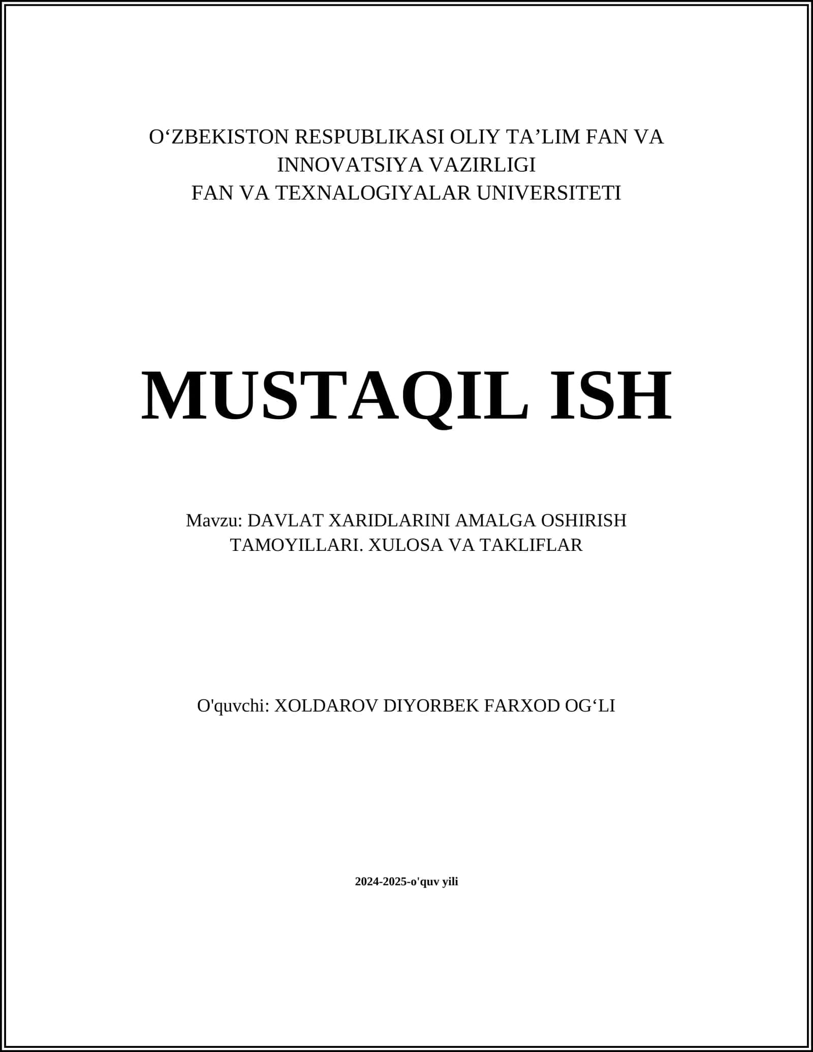DAVLAT XARIDLARINI AMALGA OSHIRISH TAMOYILLARI. XULOSA VA TAKLIFLAR