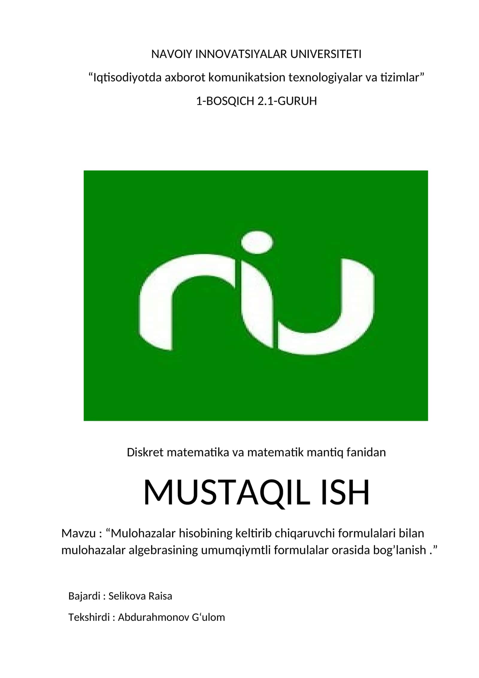 Mulohazalar hisobining keltirib chiqaruvchi formulalari bilan mulohazalar algebrasining umumqiymtli formulalar orasida bogʻlanish