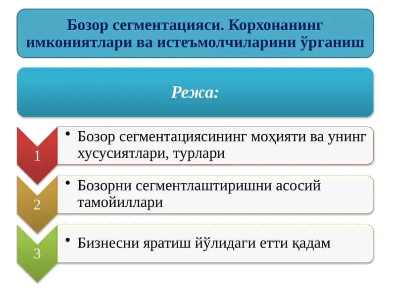 Бозор сегментацияси. Корхонанинг имкониятлари ва истеъмолчиларини ўрганиш