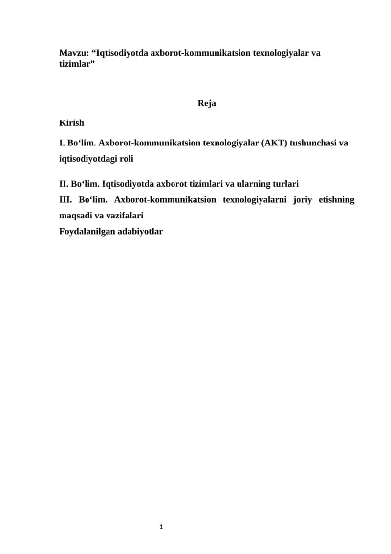 Iqtisodiyotda axborot-kommunikatsion texnologiyalar va tizimlar