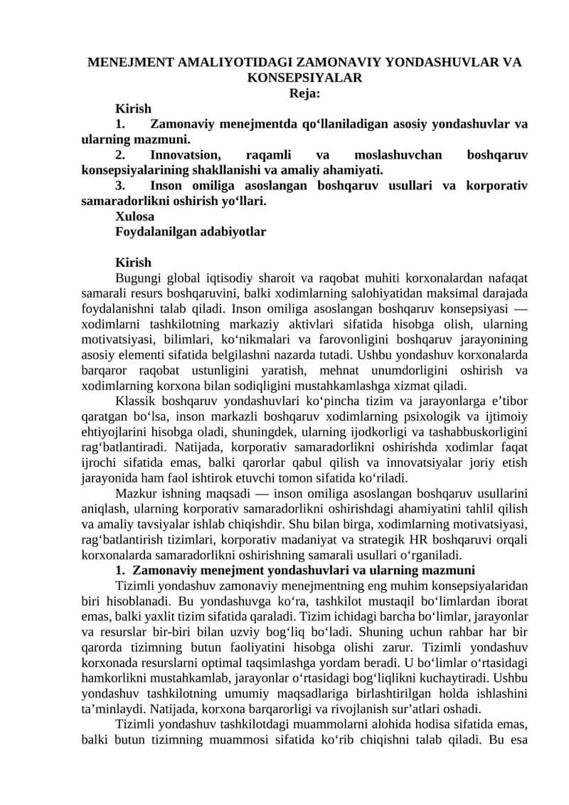 MENEJMENT AMALIYOTIDAGI ZAMONAVIY YONDASHUVLAR VA KONSEPSIYALAR
