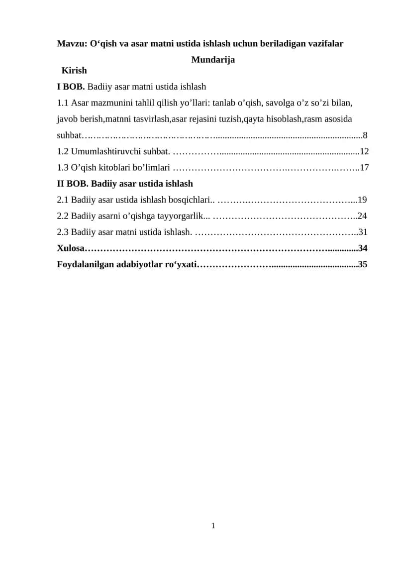 O‘qish va asar matni ustida ishlash uchun beriladigan vazifalar