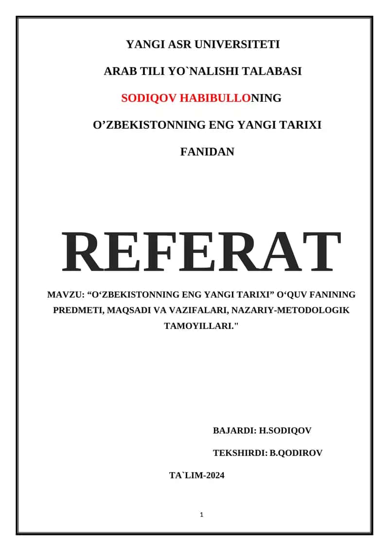 O‘ZBEKISTONNING ENG YANGI TARIXI FANIDAN REFERAT