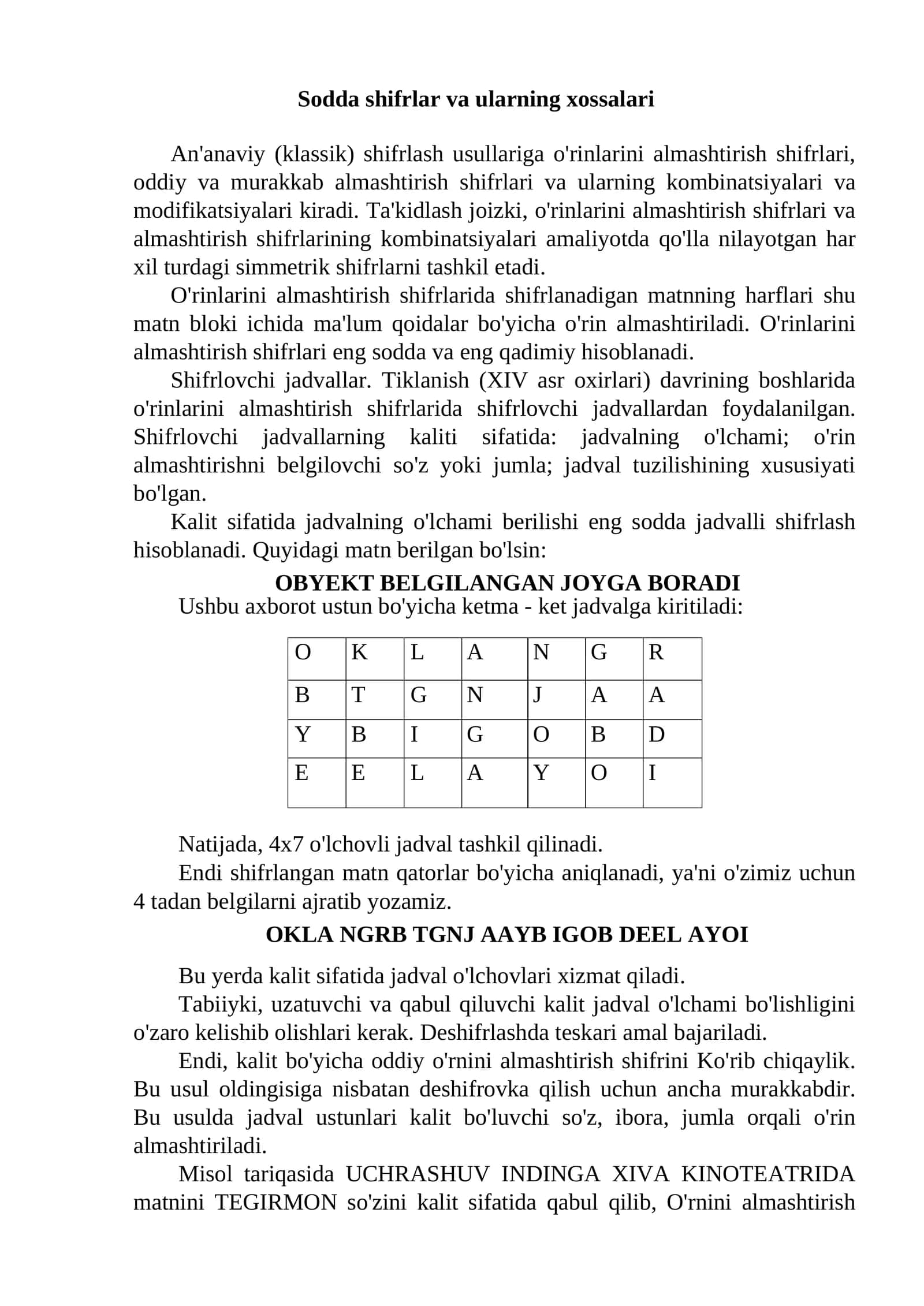 Sodda shifrlar va ularning xossalari