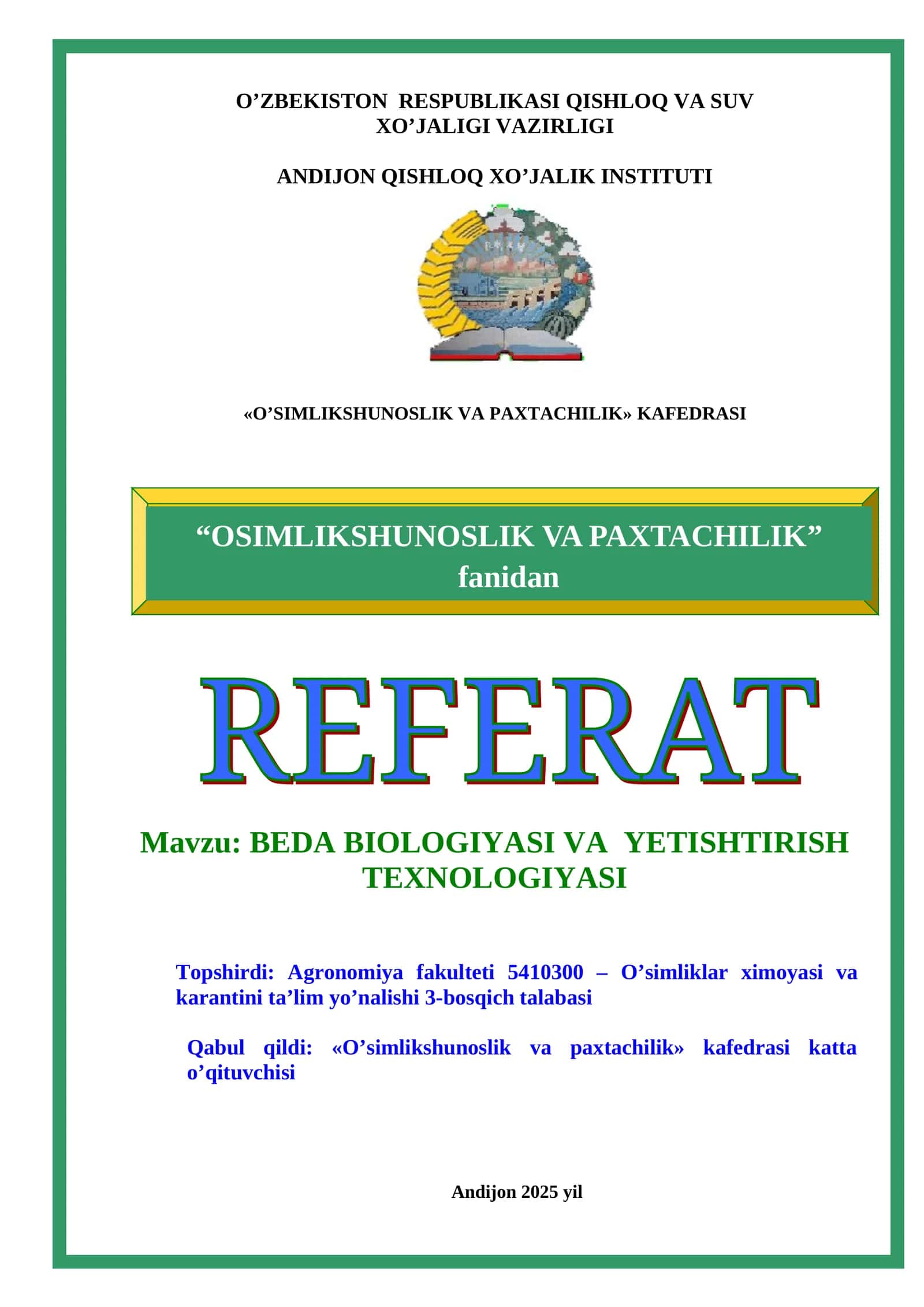 BEDA BIOLOGIYASI VA YETISHTIRISH TEXNOLOGIYASI